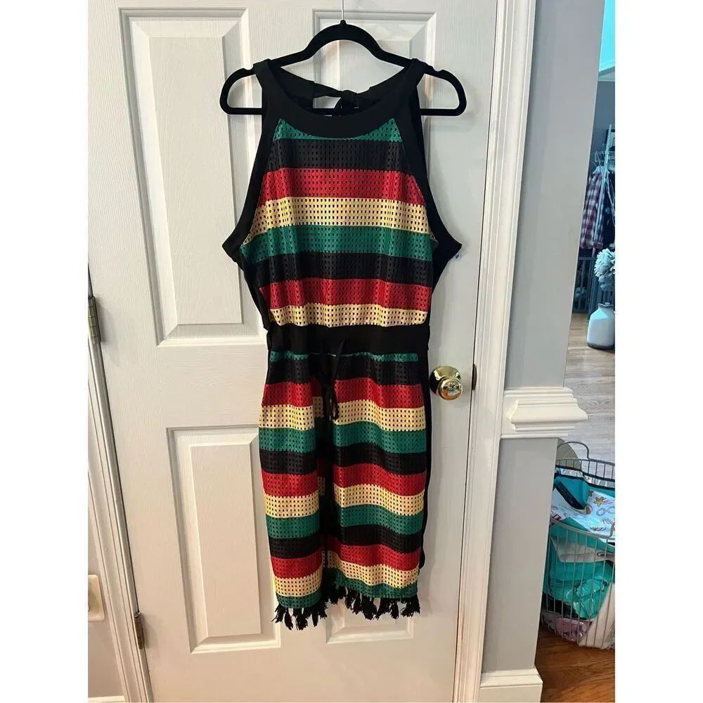 Ashley Stewart Mesh Front African Colors Tassel Tie Waist Sz 3X EUC